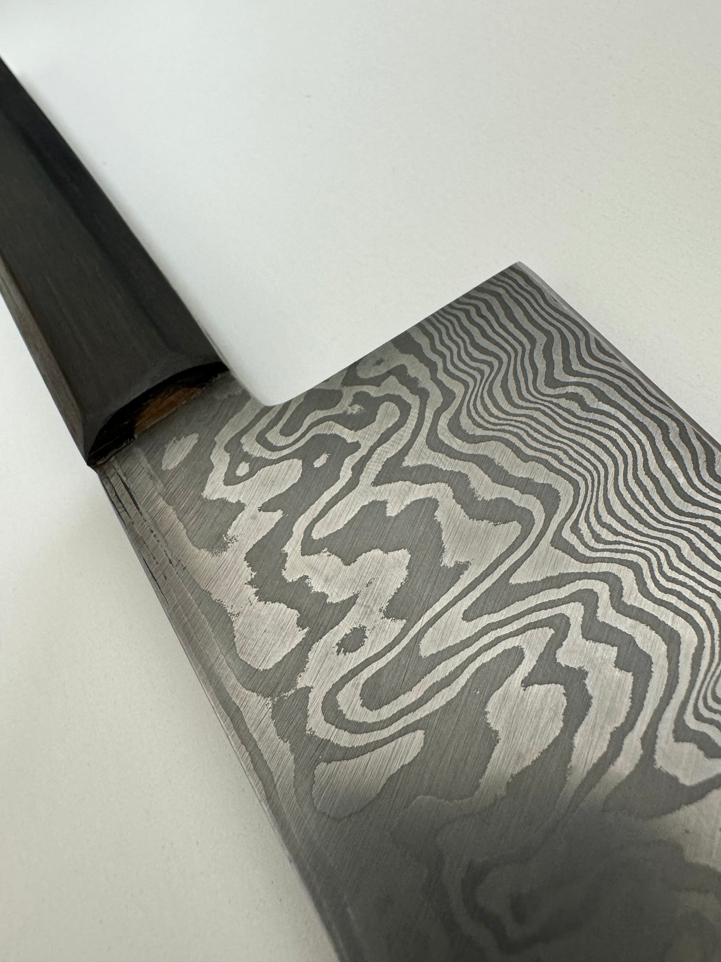 Locally Forged Damascus Gyuto with bog oak handle (100Lyr kurochi finish)