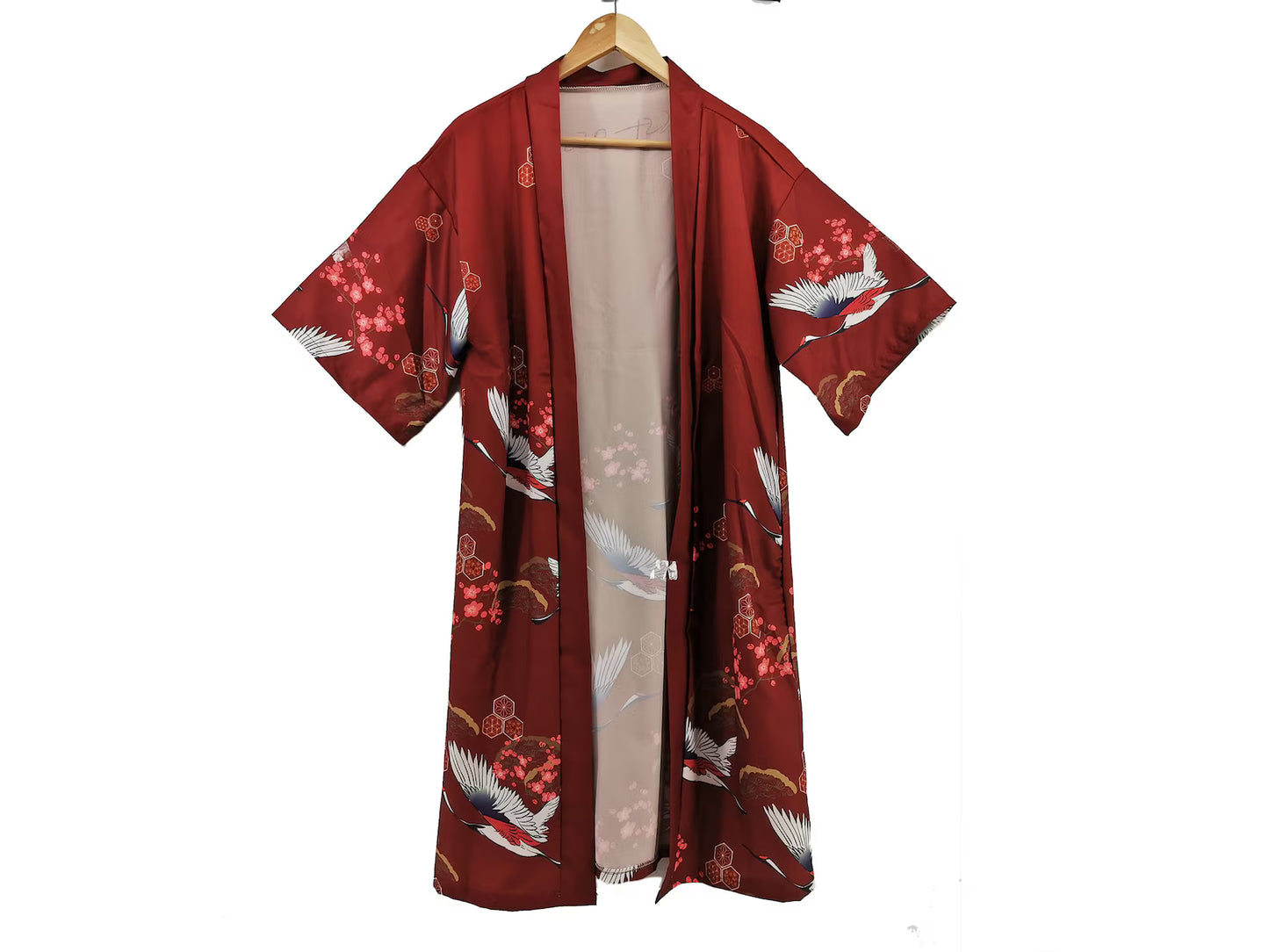Kimono jacket robe, "Japanese cranes flying above blossoms" Design