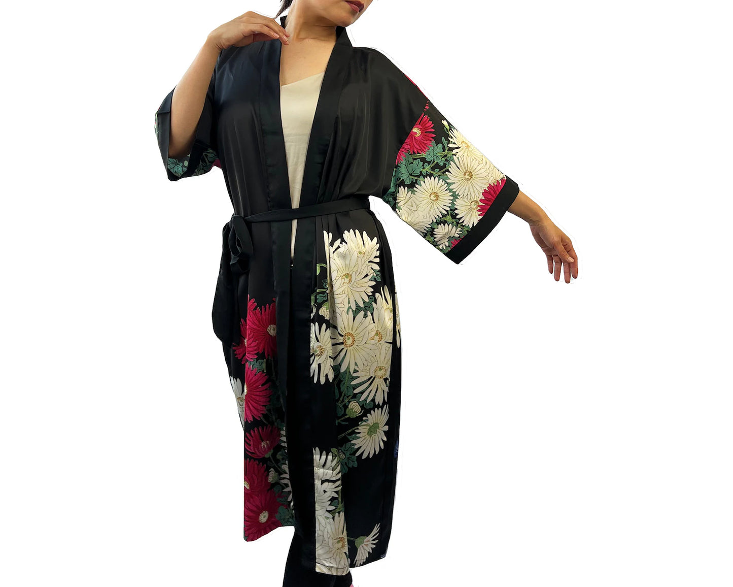 Kimono Robe, Black Inspired by Ohara Koson, Chrysanthemums and Running Water