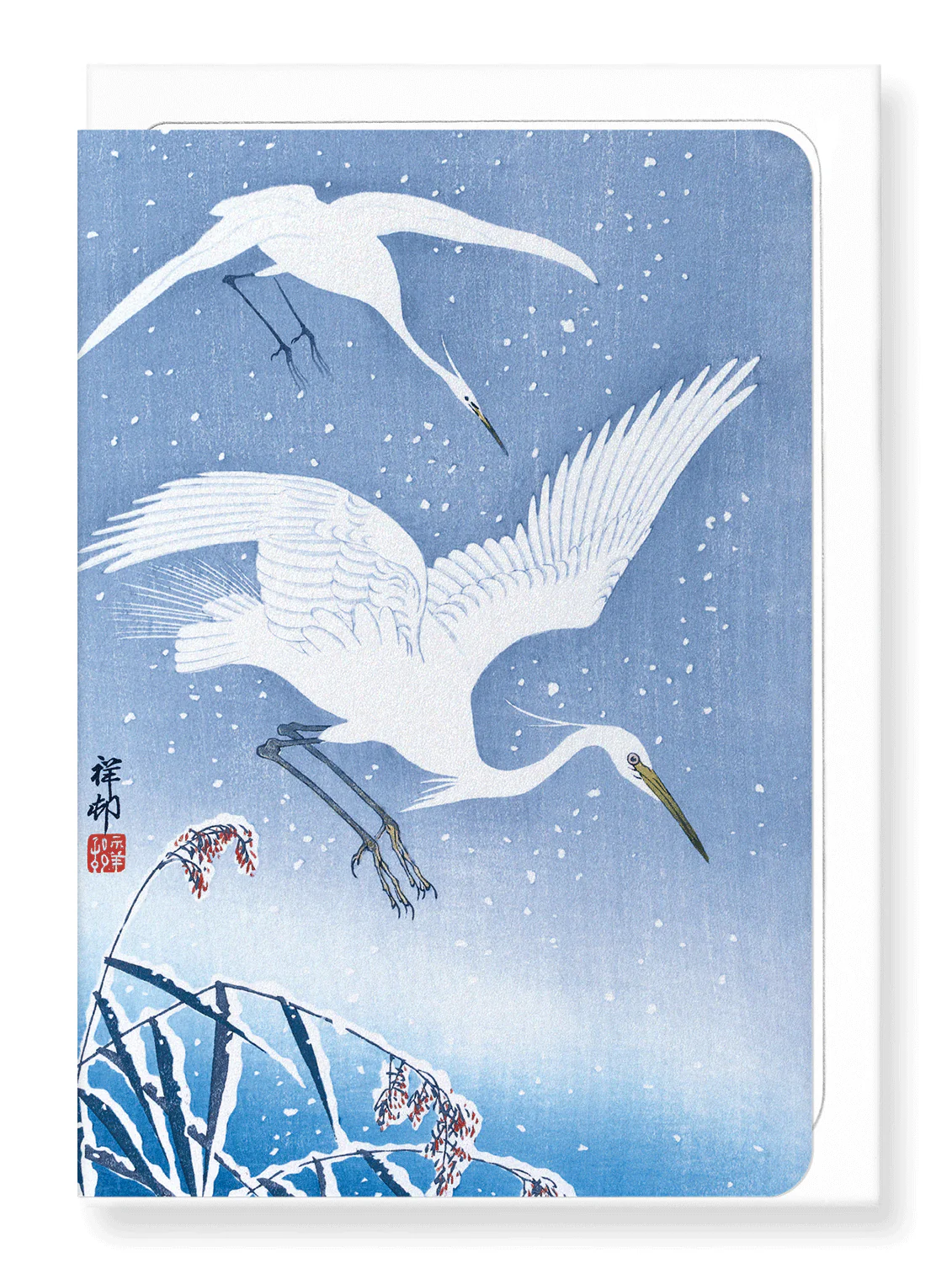 Egrets Descending in the Snow Greeting Card