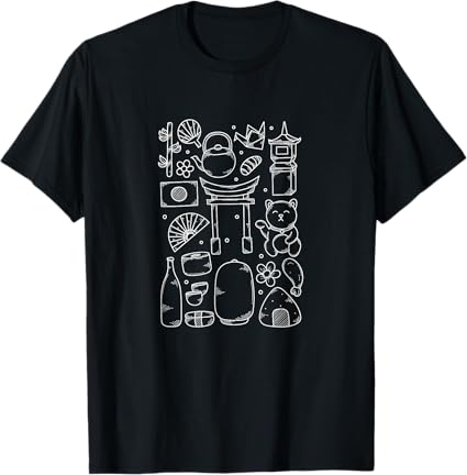 Japanese Doodle Design Maneki Neko Torii Origami Sushi T-Shirt