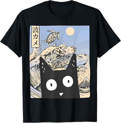 Wave Kawaii Cat Japanese Vintage Aesthetic Anime T-Shirt Black