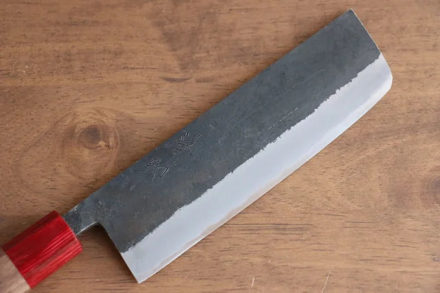 Seisuke Kurumi Blue Steel Kurouchi Usuba (Nakiri) - 165mm - Walnut and Double Red Pakka Wood Handle