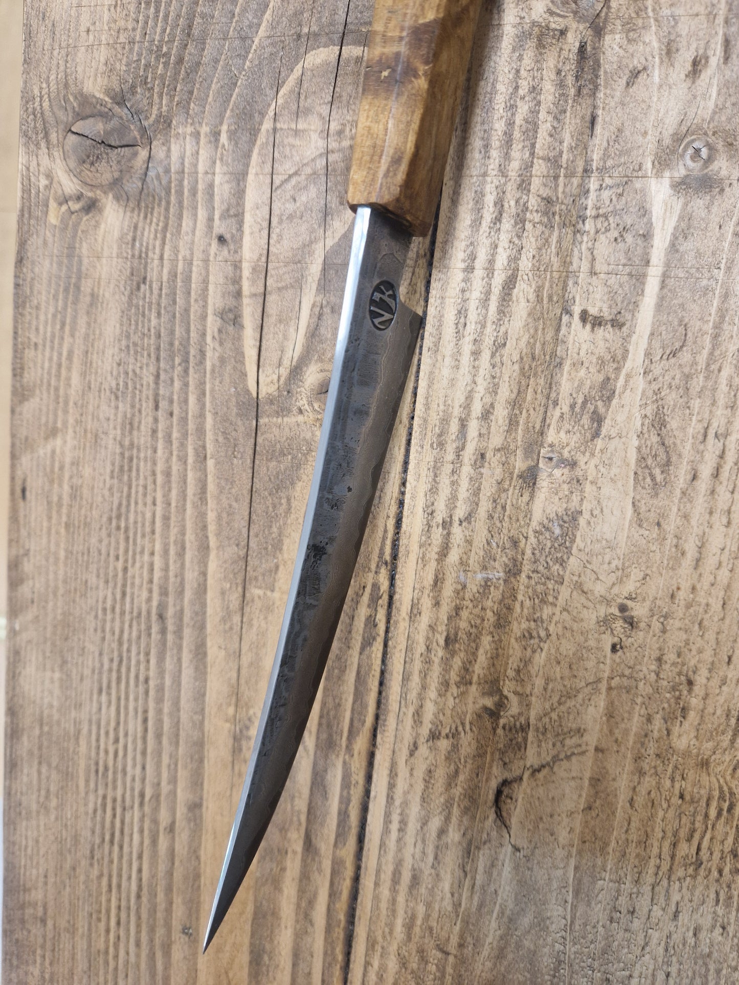 Locally Forged Damascus filleting / boning Knife Oak handle (100Lyr Kurouchi finish)