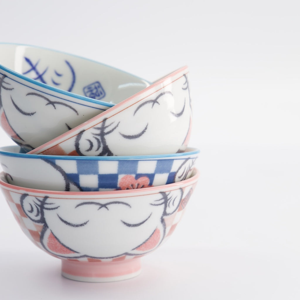 Kawaii Lucky Cat Blue/Pink Ricebowl Giftset 4pcs