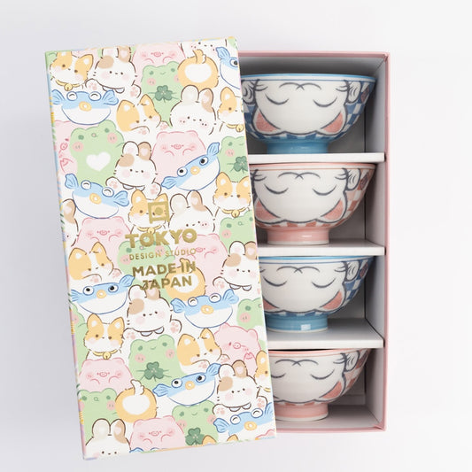 Kawaii Lucky Cat Blue/Pink Ricebowl Giftset 4pcs