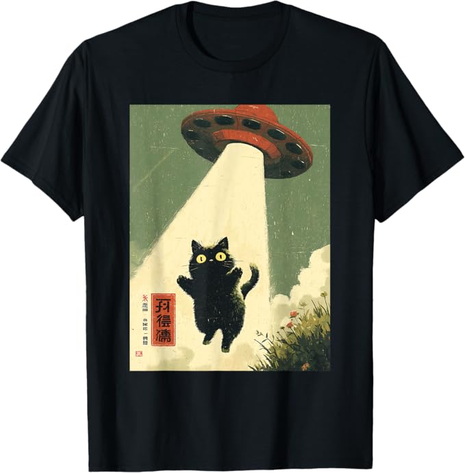 Japanese Cat Alien UFO Abduction Graphic Tee T-Shirt