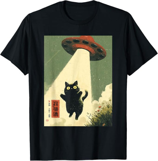 Japanese Cat Alien UFO Abduction Graphic Tee T-Shirt