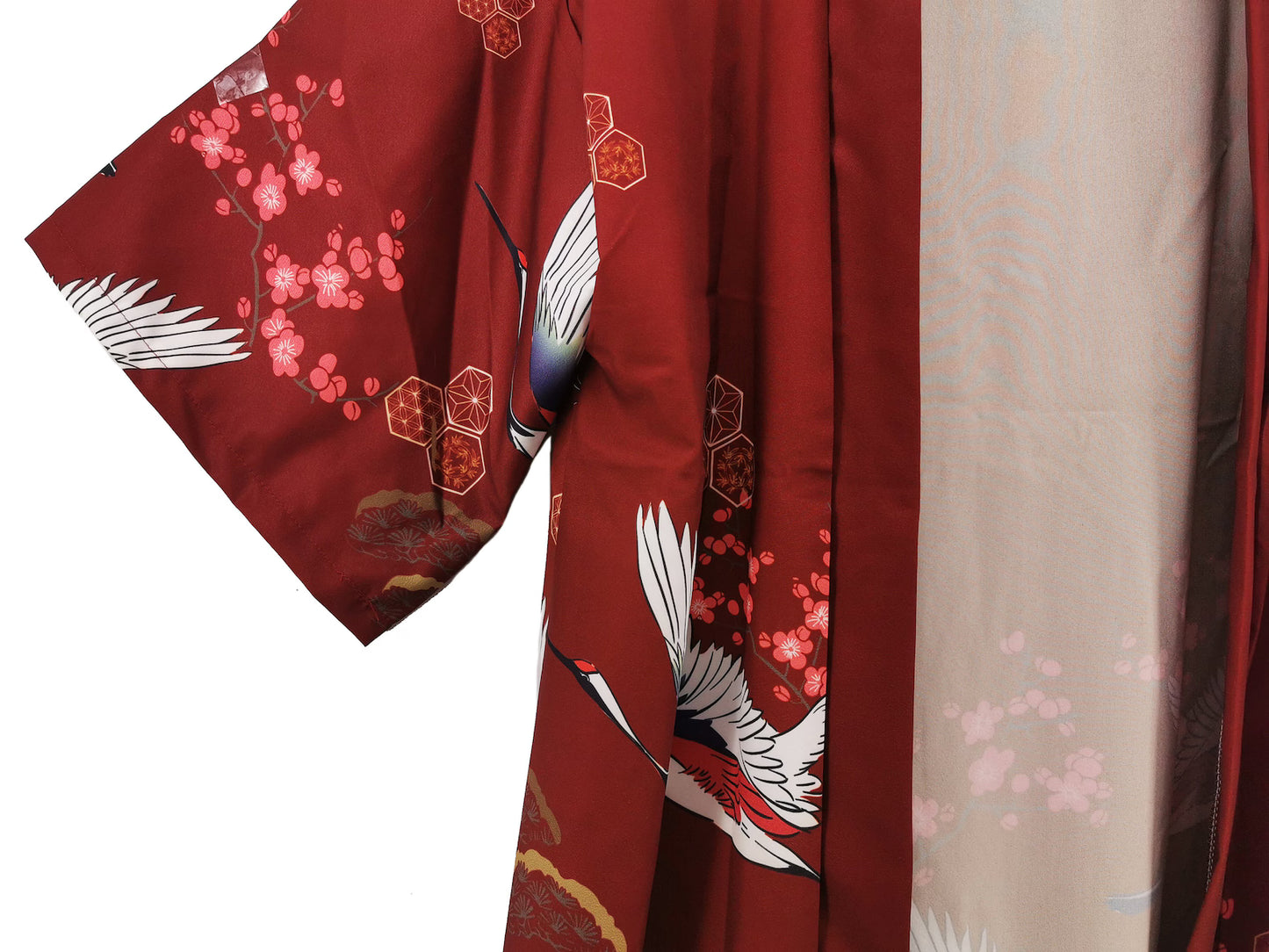 Kimono jacket robe, "Japanese cranes flying above blossoms" Design