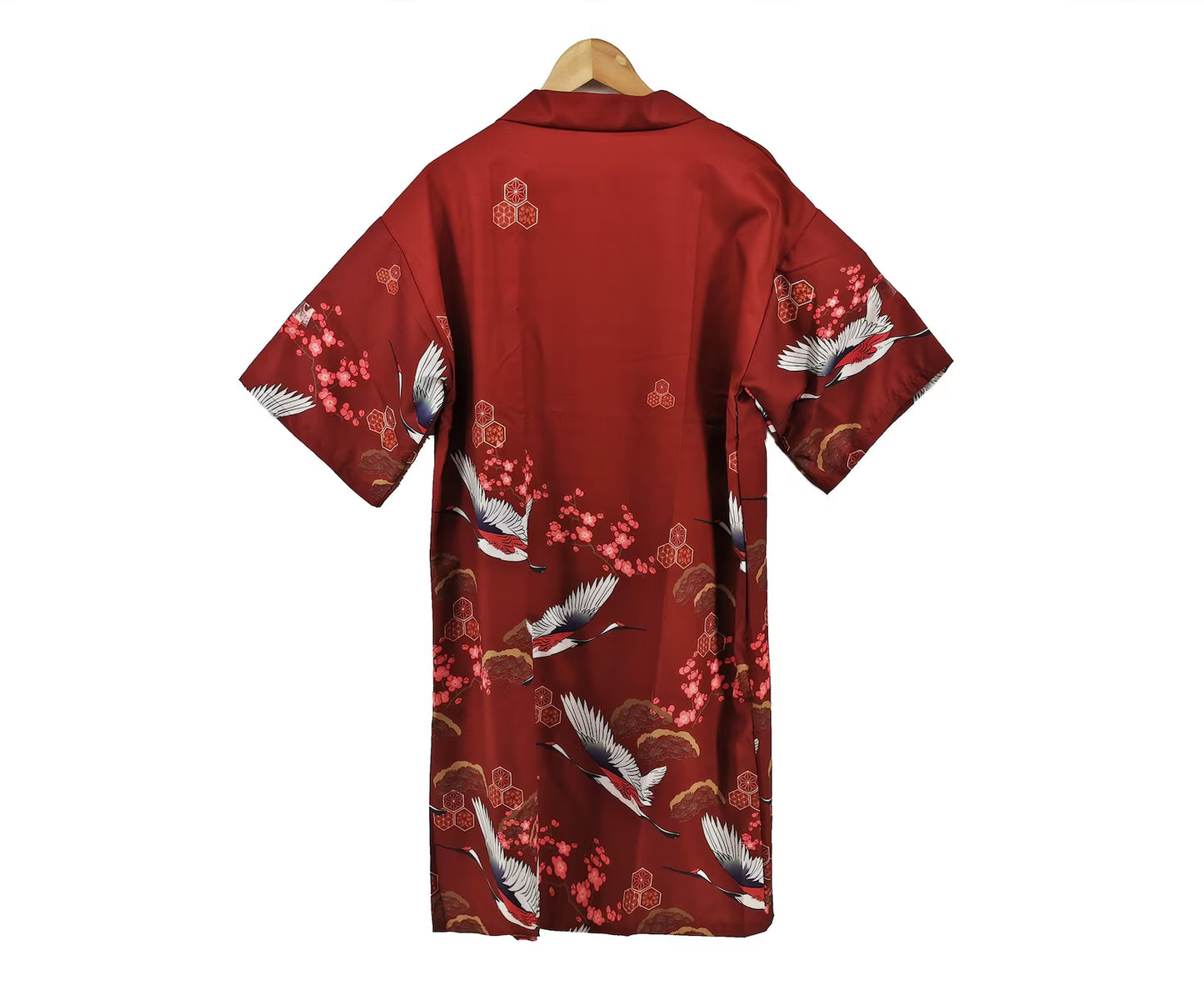 Kimono jacket robe, "Japanese cranes flying above blossoms" Design