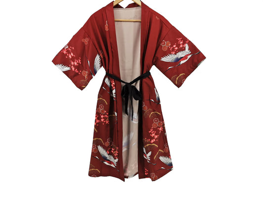 Kimono jacket robe, "Japanese cranes flying above blossoms" Design