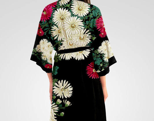 Kimono Robe, Black Inspired by Ohara Koson, Chrysanthemums and Running Water