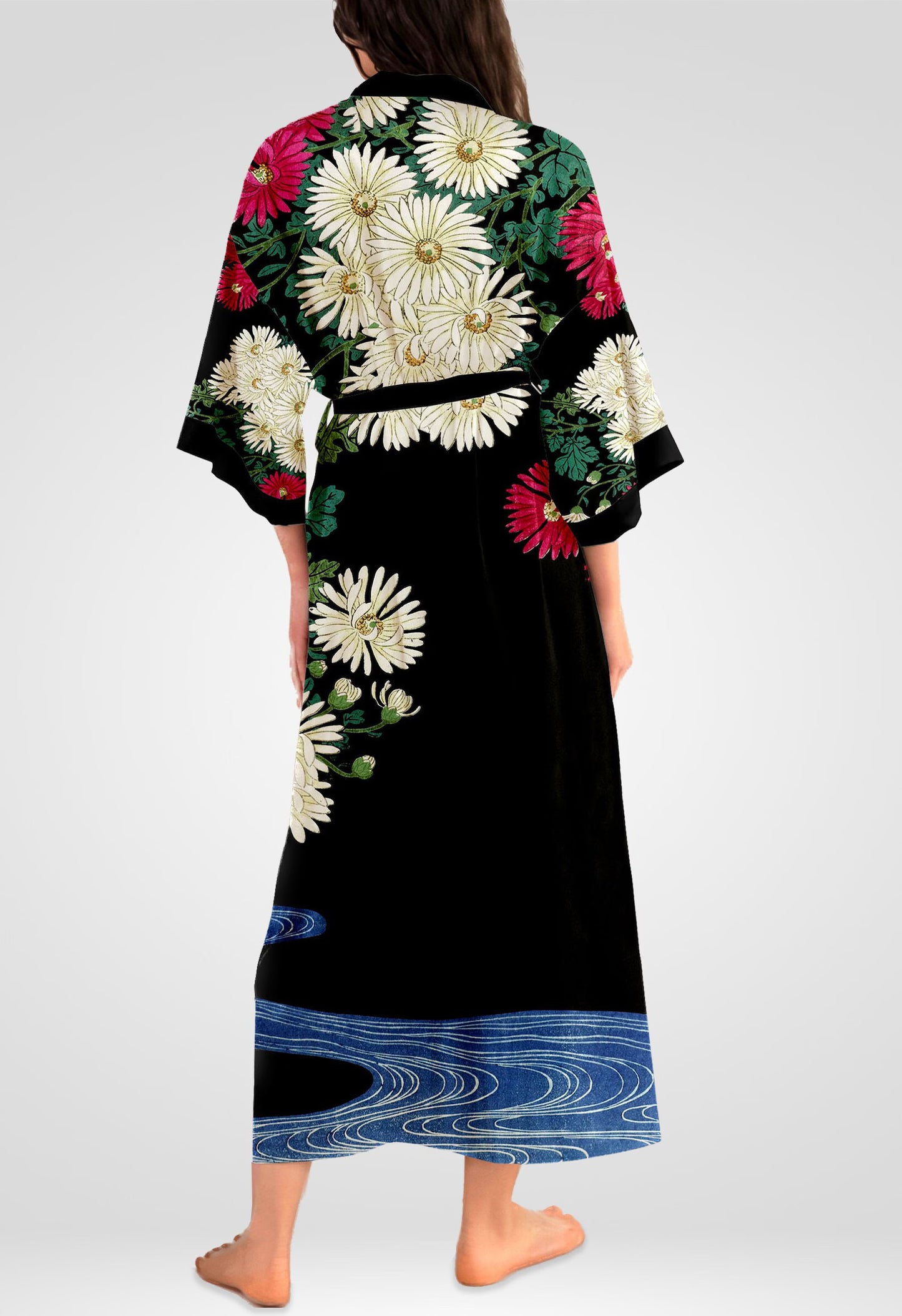 Kimono Robe, Black Inspired by Ohara Koson, Chrysanthemums and Running Water