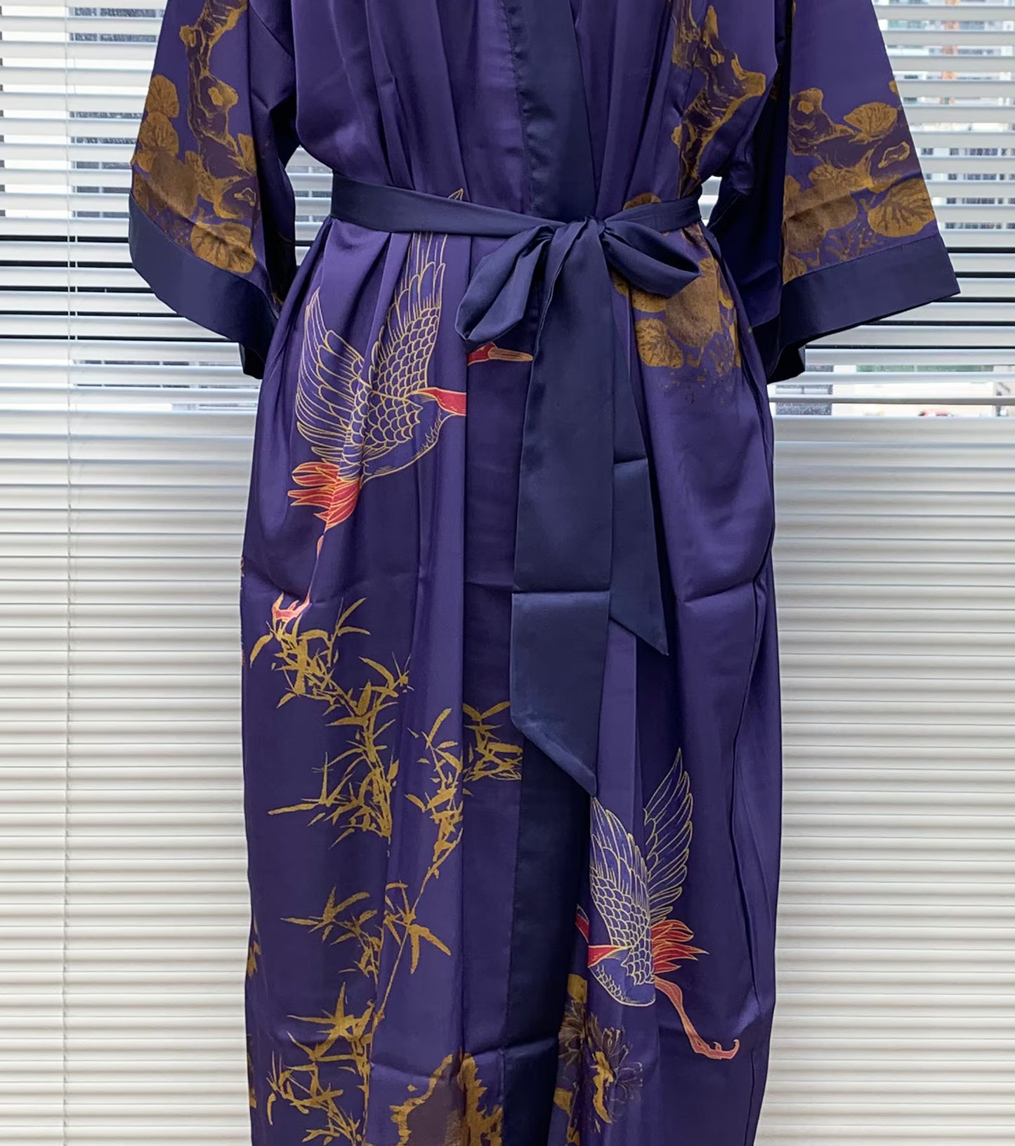 Kimono robe,  inspired by Ohara Koson, Blue,  Cranes fly above bamboo