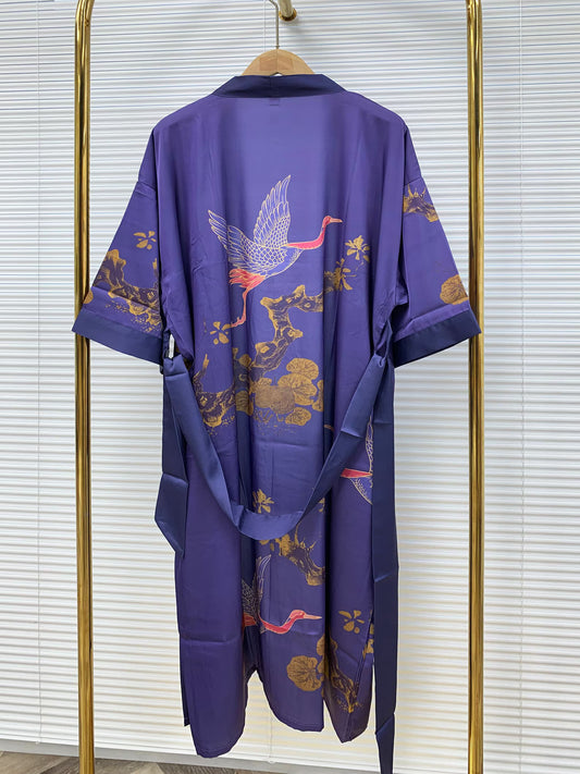 Kimono robe,  inspired by Ohara Koson, Blue,  Cranes fly above bamboo