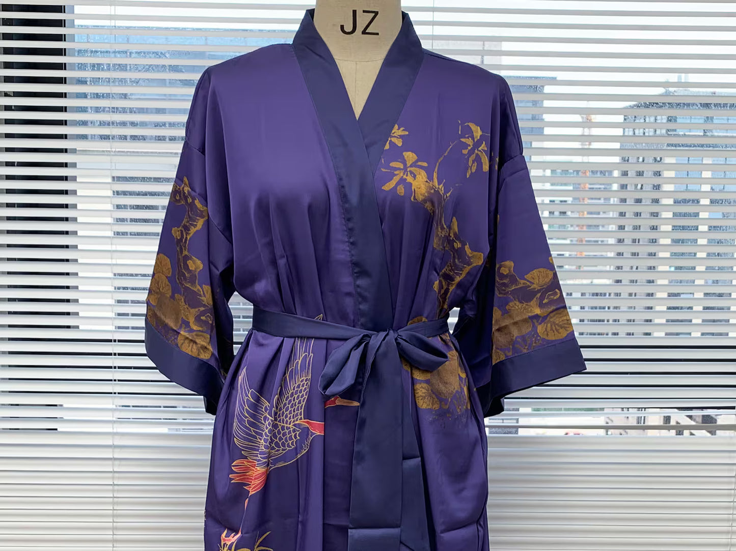 Kimono robe,  inspired by Ohara Koson, Blue,  Cranes fly above bamboo