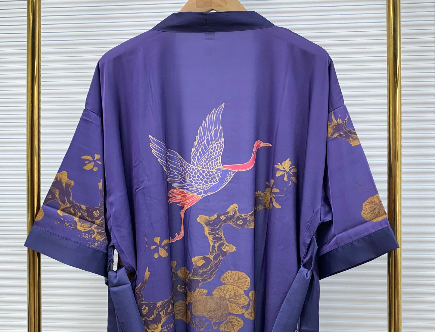 Kimono robe,  inspired by Ohara Koson, Blue,  Cranes fly above bamboo