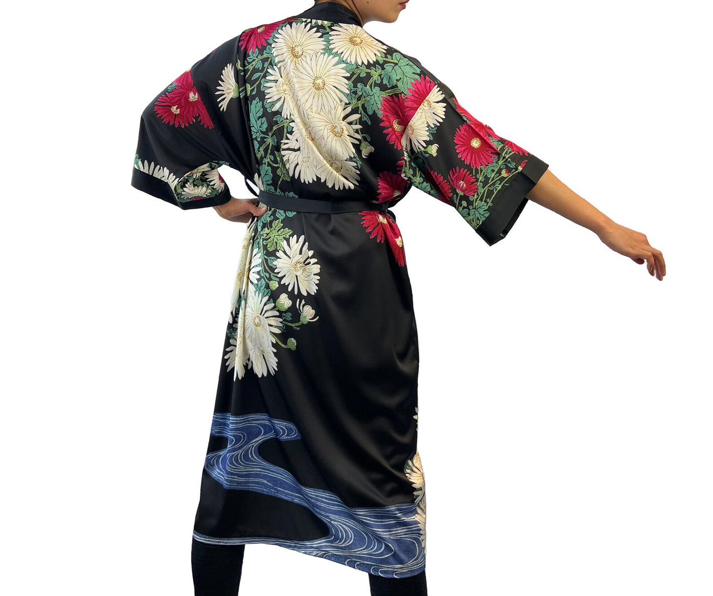 Kimono Robe, Black Inspired by Ohara Koson, Chrysanthemums and Running Water