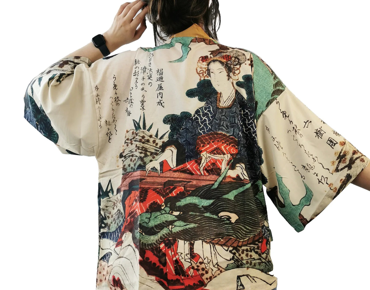 Kimono jacket Robe, Yashima Gakutei inspired "Goddess Benten and Dragon Surimono"