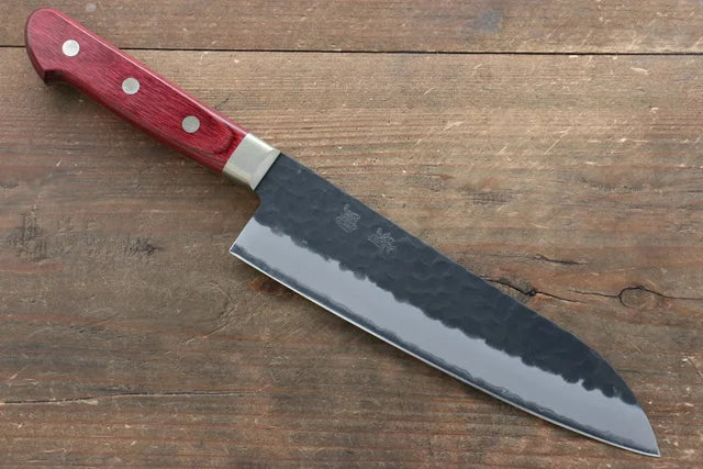 Seisuke Kurobeni Blue Super Hammered Kurouchi Santoku - 185mm - Red Pakka Wood Handle
