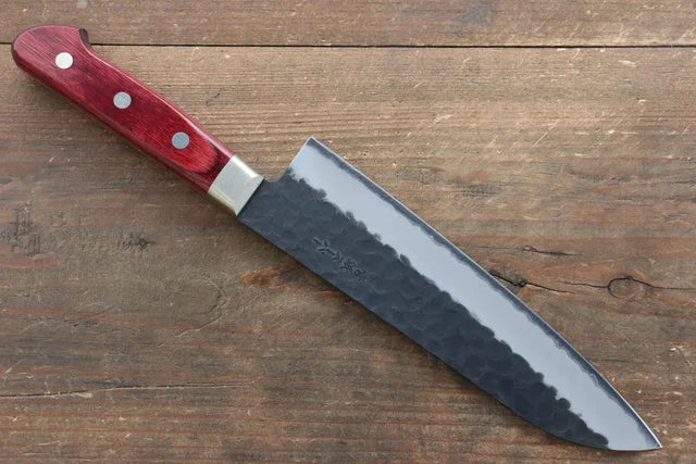 Seisuke Kurobeni Blue Super Hammered Kurouchi Santoku - 185mm - Red Pakka Wood Handle