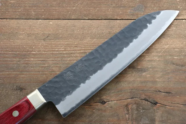 Seisuke Kurobeni Blue Super Hammered Kurouchi Santoku - 185mm - Red Pakka Wood Handle