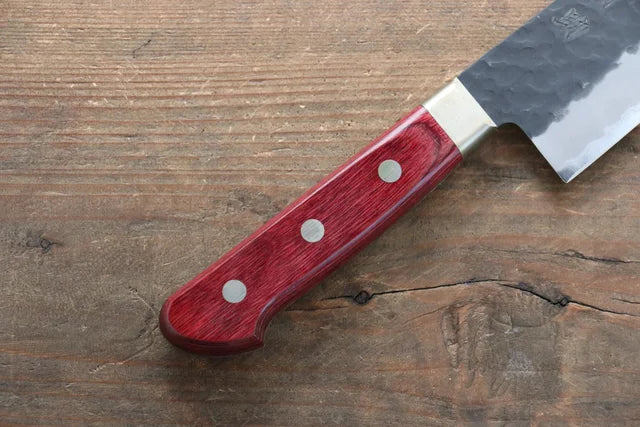 Seisuke Kurobeni Blue Super Hammered Kurouchi Santoku - 185mm - Red Pakka Wood Handle