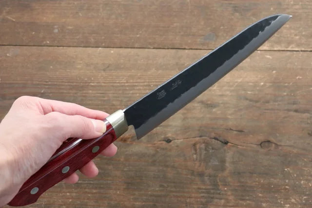 Seisuke Kurobeni Blue Super Hammered Kurouchi Santoku - 185mm - Red Pakka Wood Handle